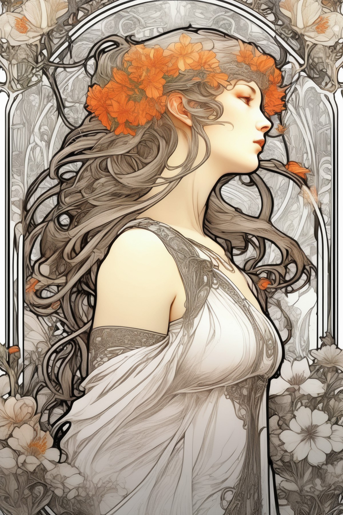 <lora:Alphonse Mucha Style:1>Alphonse Mucha Style - white background, art nouveau in style of Mucha, Thick Lines, high-con...